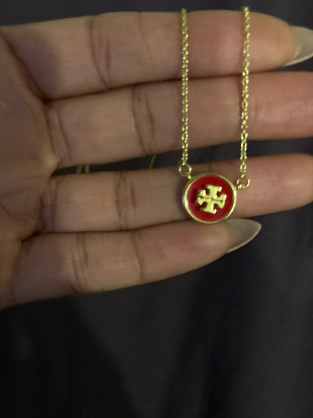 Tory Burch Gold Necklace with Red Logo Disc
